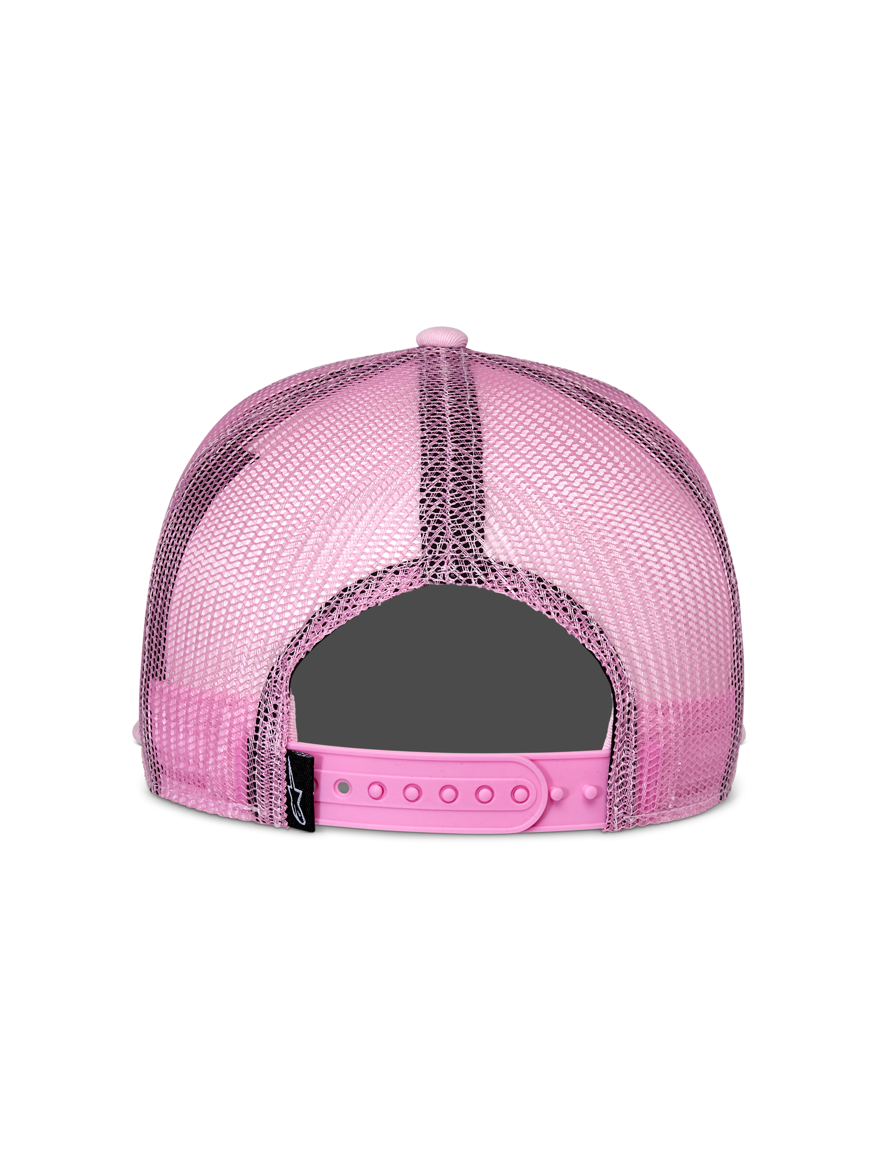 Casquette Trucker Alpinestars Corp, rose, vue arrière, avec panneaux arrière en maille rose et fermeture snapback réglable, accessoire décontracté inspiré des sports mécaniques