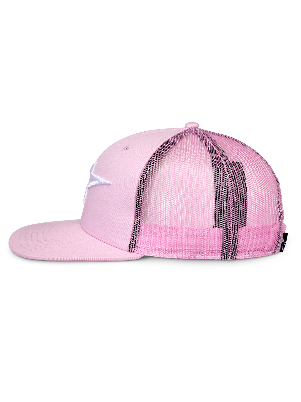 Casquette Trucker Alpinestars Corp, rose, profil latéral, visière plate et couronne structurée, logo brodé blanc sur le devant en sergé, arrière en maille rose, fermeture snapback réglable, sportswear décontracté