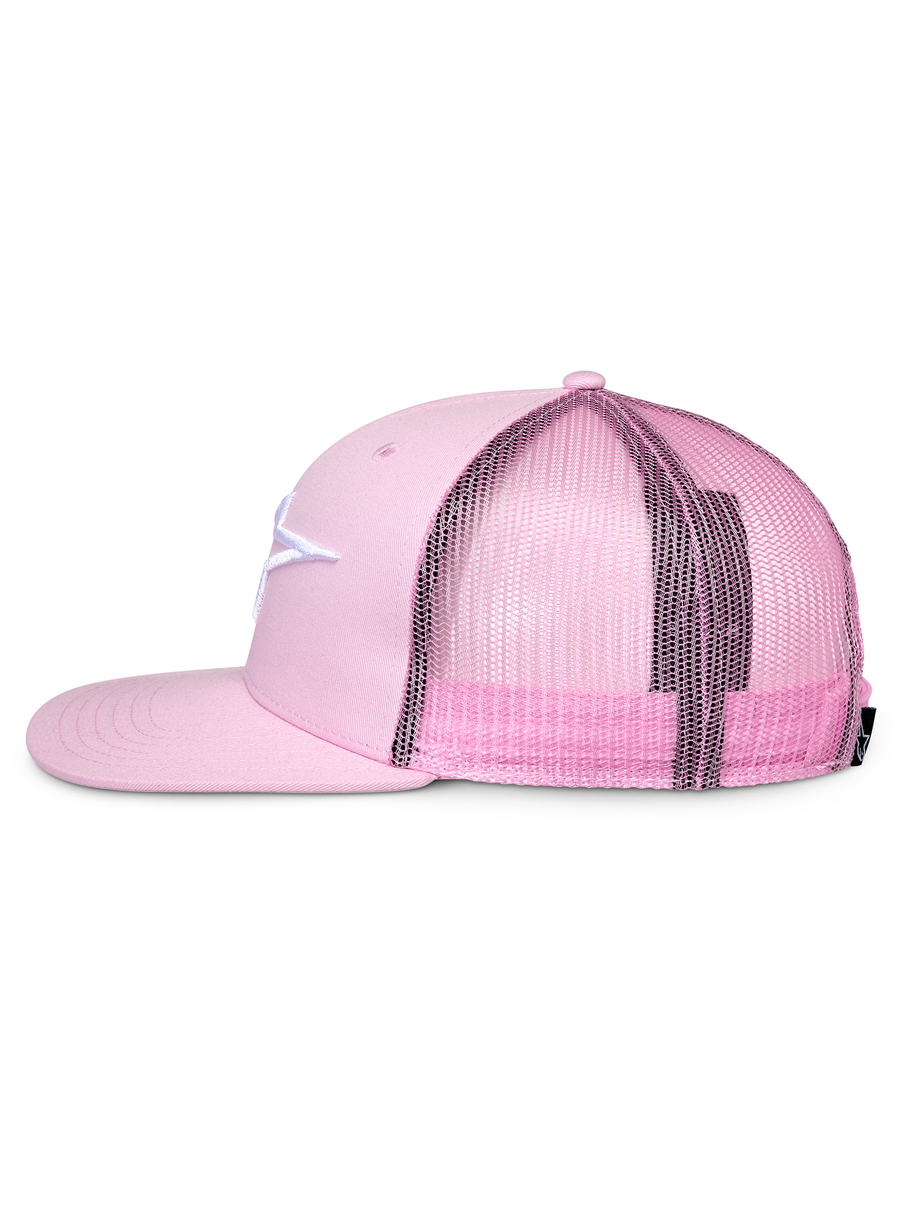 Casquette Trucker Alpinestars Corp, rose, profil latéral, visière plate et couronne structurée, logo brodé blanc sur le devant en sergé, arrière en maille rose, fermeture snapback réglable, sportswear décontracté