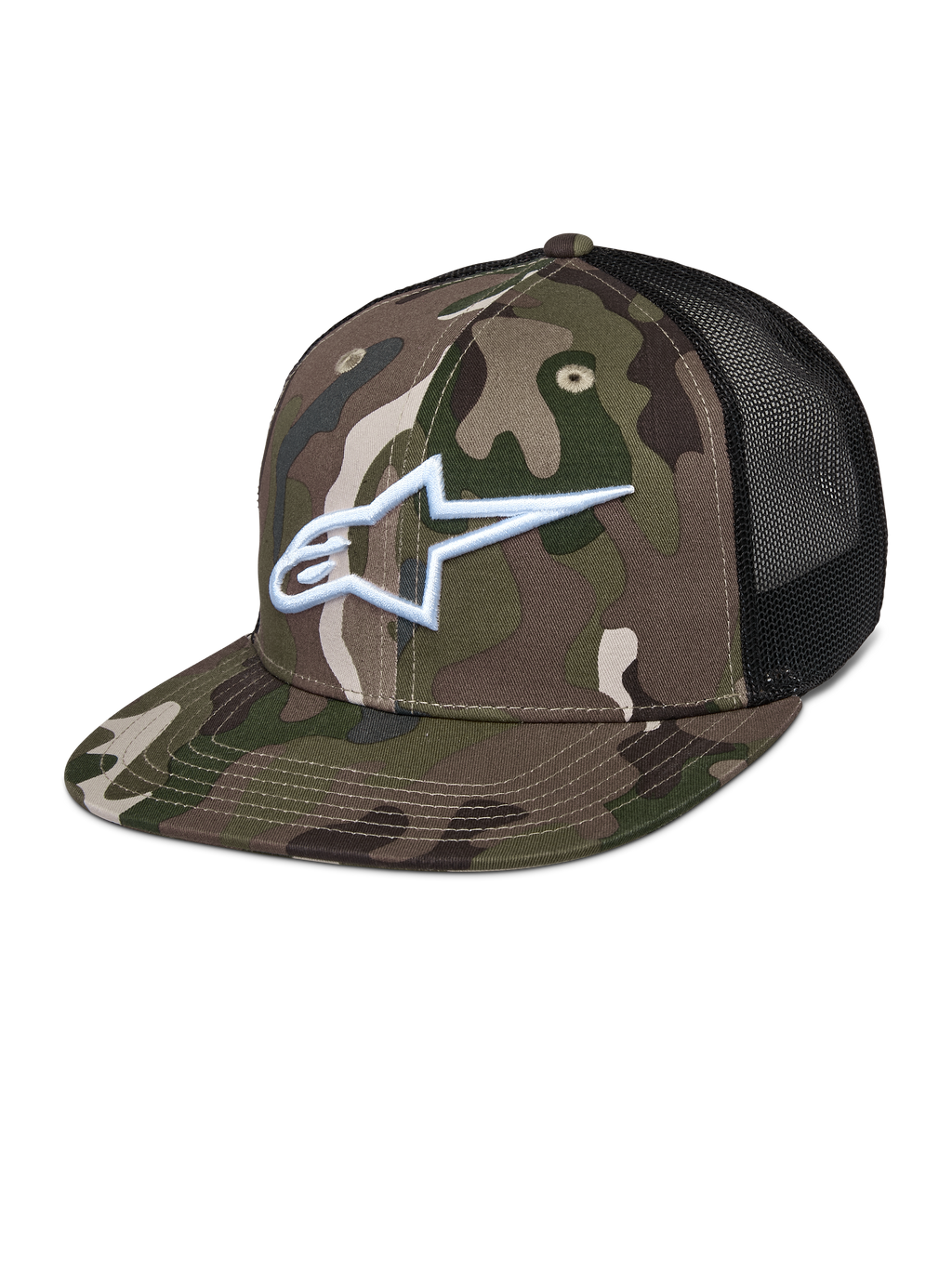 Casquette Alpinestars Corp Trucker, camouflage vert et noir, motif camouflage avec logo A-star blanc brodé, panneaux arrière en mesh noir, visière plate, accessoire lifestyle décontracté