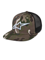 Casquette Alpinestars Corp Trucker, camouflage vert et noir, motif camouflage avec logo A-star blanc brodé, panneaux arrière en mesh noir, visière plate, accessoire lifestyle décontracté