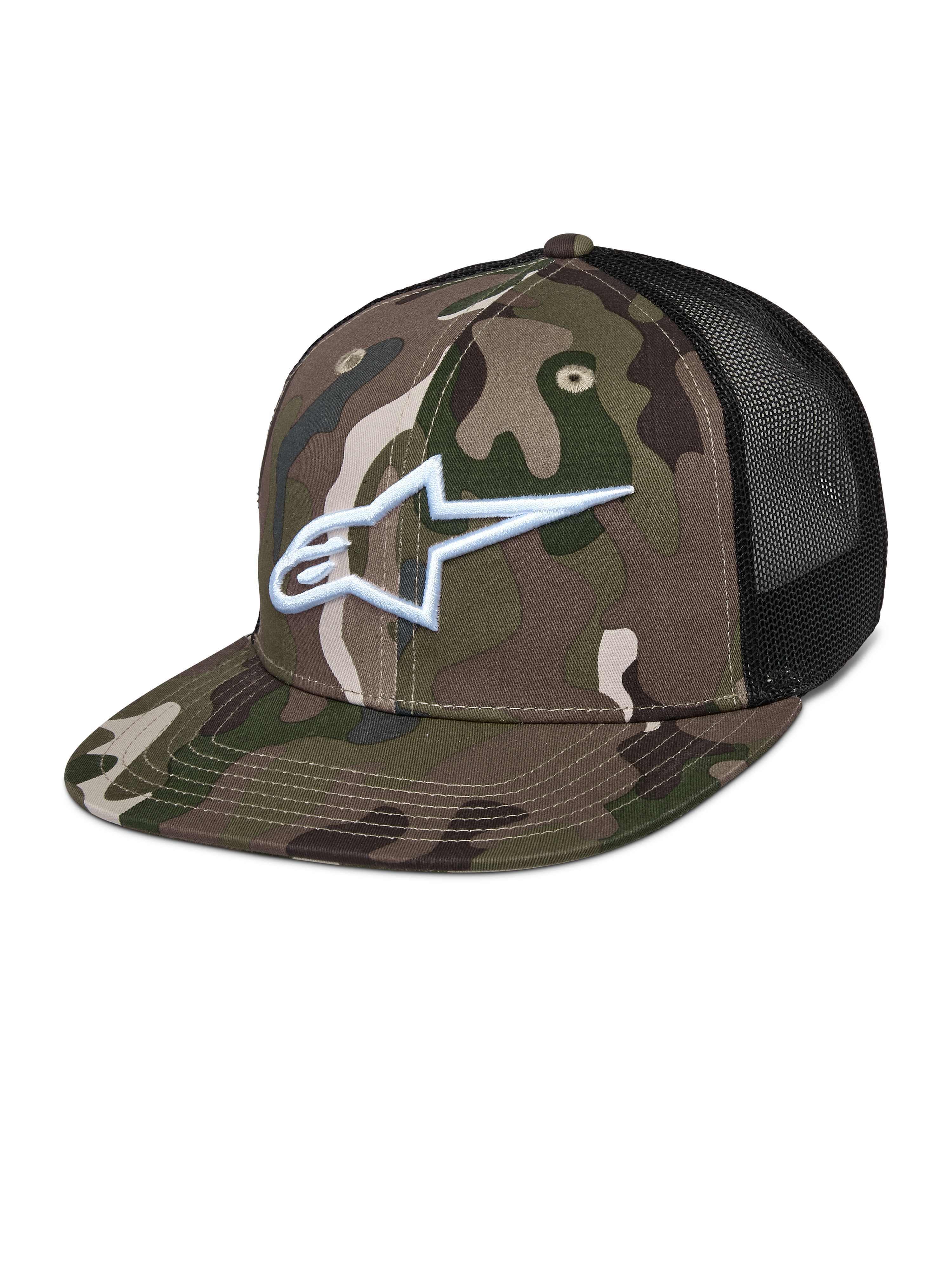 Casquette Alpinestars Corp Trucker, camouflage vert et noir, motif camouflage avec logo A-star blanc brodé, panneaux arrière en mesh noir, visière plate, accessoire lifestyle décontracté