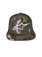 Casquette Trucker Alpinestars Corp, camouflage vert et noir, casquette trucker à visière plate avec arrière en maille, dotée d'un logo Alpinestars blanc brodé sur le devant, style streetwear décontracté
