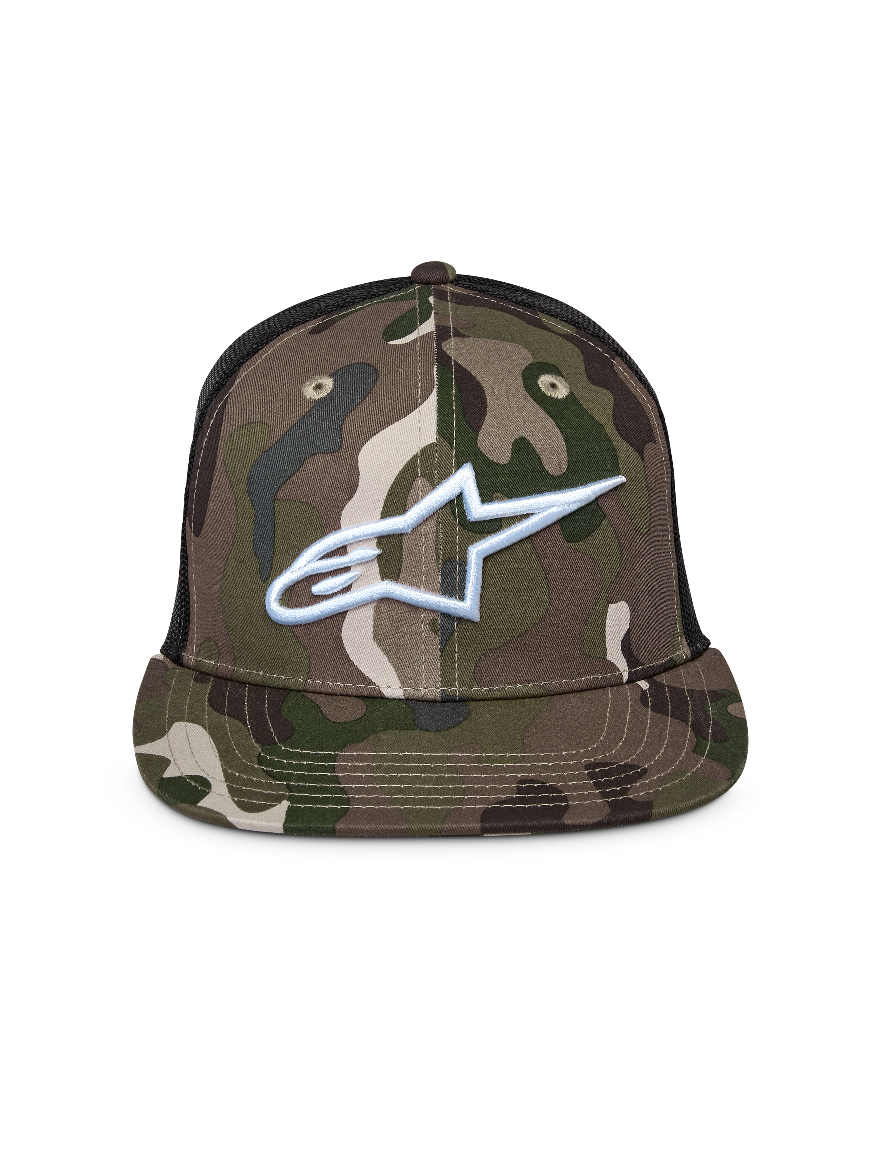 Casquette Trucker Alpinestars Corp, camouflage vert et noir, casquette trucker à visière plate avec arrière en maille, dotée d'un logo Alpinestars blanc brodé sur le devant, style streetwear décontracté