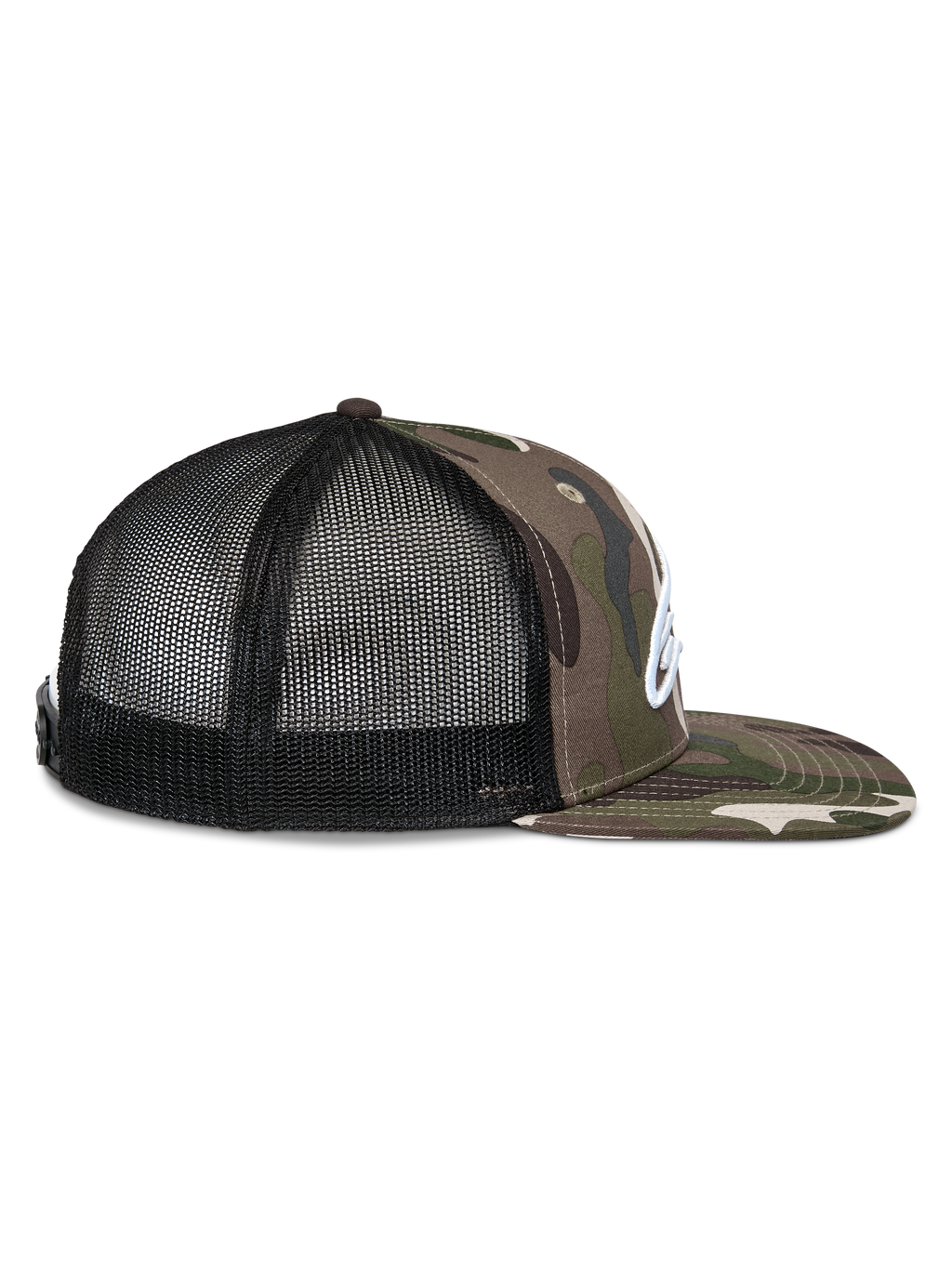 Casquette Alpinestars Corp Trucker, vue de profil, camouflage vert et noir, visière plate avec imprimé camouflage, panneaux arrière en maille noire, logo brodé blanc, accessoire décontracté pour les sports motorisés