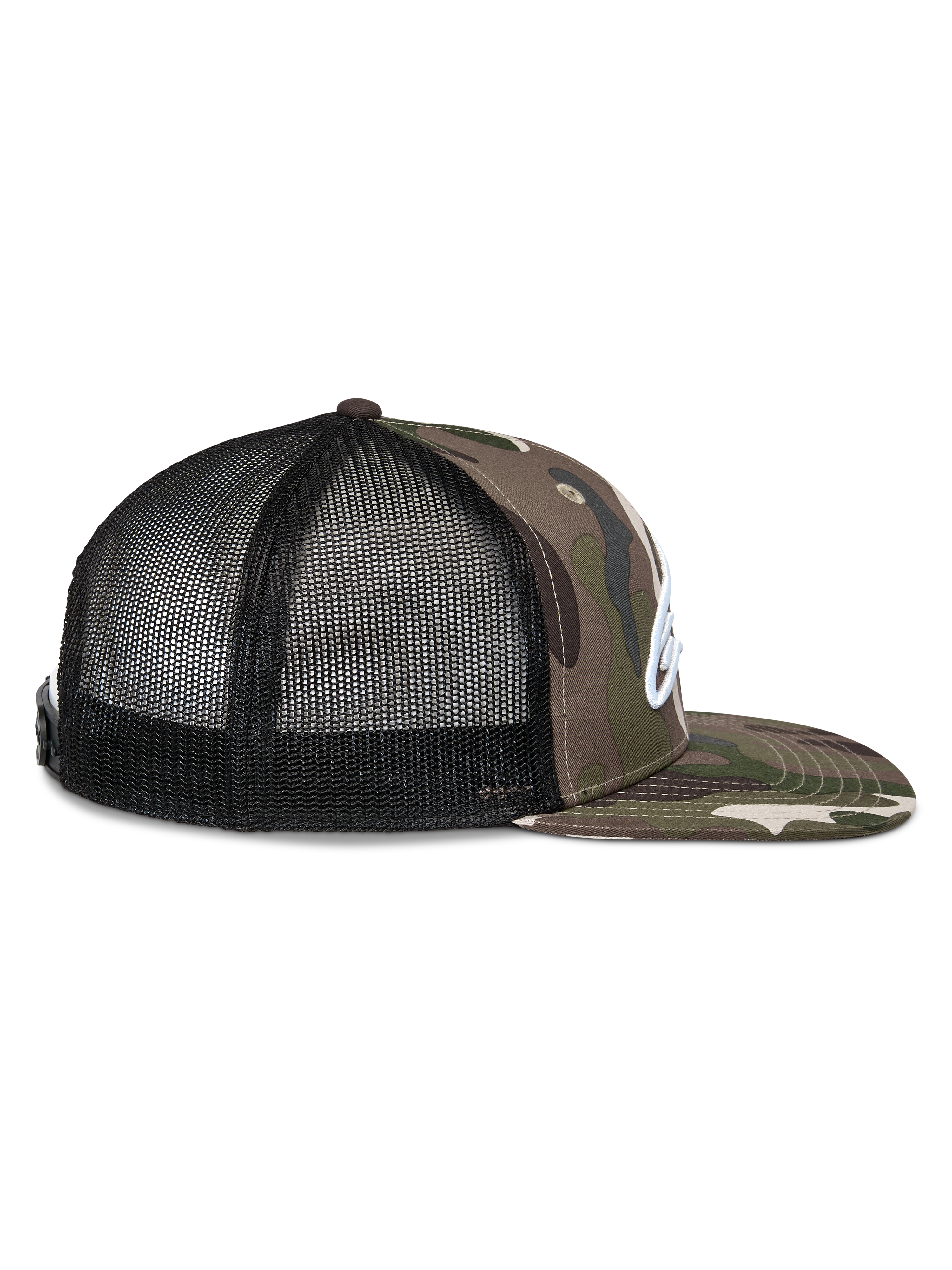Casquette Alpinestars Corp Trucker, vue de profil, camouflage vert et noir, visière plate avec imprimé camouflage, panneaux arrière en maille noire, logo brodé blanc, accessoire décontracté pour les sports motorisés