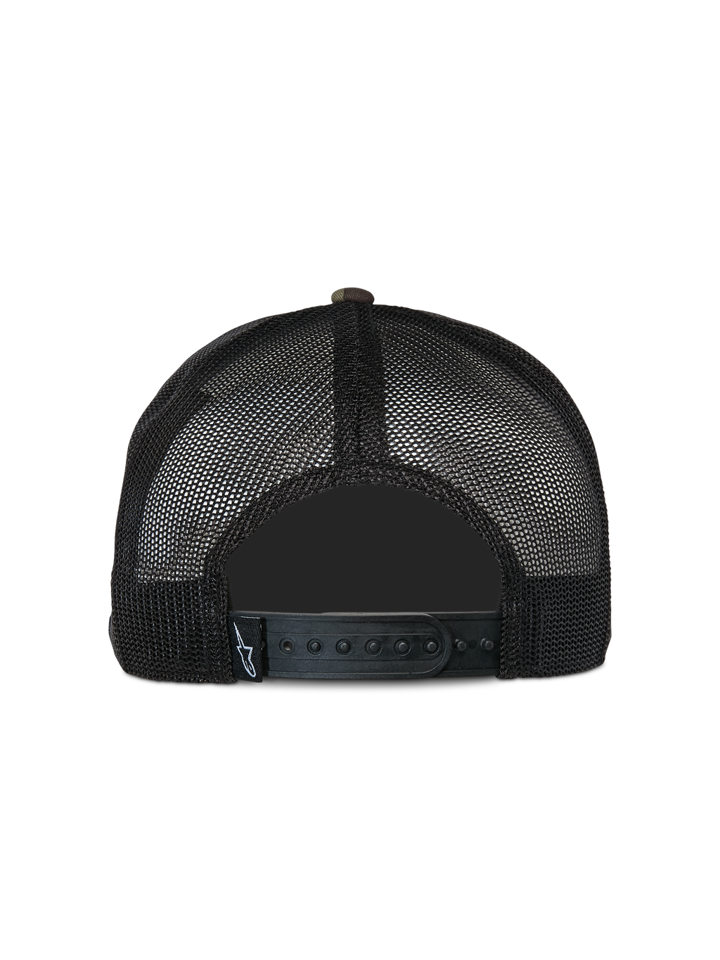 Casquette Trucker Alpinestars Corp, casquette trucker décontractée, camouflage vert et noir, vue arrière avec panneaux arrière en maille filet noire et fermeture snapback réglable, petite étiquette logo tissée, design classique inspiré du sport automobile