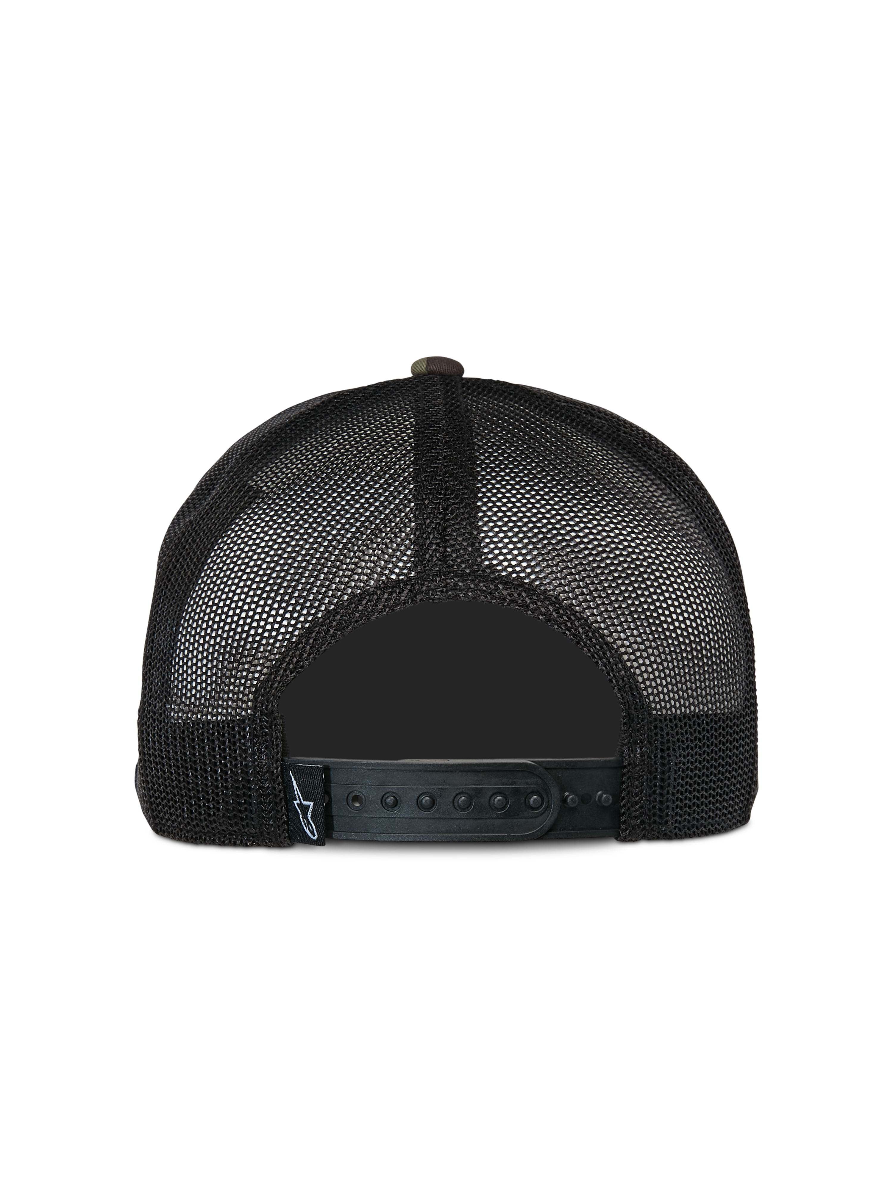Casquette Trucker Alpinestars Corp, casquette trucker décontractée, camouflage vert et noir, vue arrière avec panneaux arrière en maille filet noire et fermeture snapback réglable, petite étiquette logo tissée, design classique inspiré du sport automobile