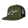 Casquette Alpinestars Corp Trucker, casquette trucker à visière plate, vert militaire et noir, logo Alpinestars blanc brodé en 3D sur le devant, avant en twill et arrière en maille, accessoire de mode sport automobile décontracté