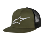 Casquette Alpinestars Corp Trucker, casquette trucker à visière plate, vert militaire et noir, logo Alpinestars blanc brodé en 3D sur le devant, avant en twill et arrière en maille, accessoire de mode sport automobile décontracté