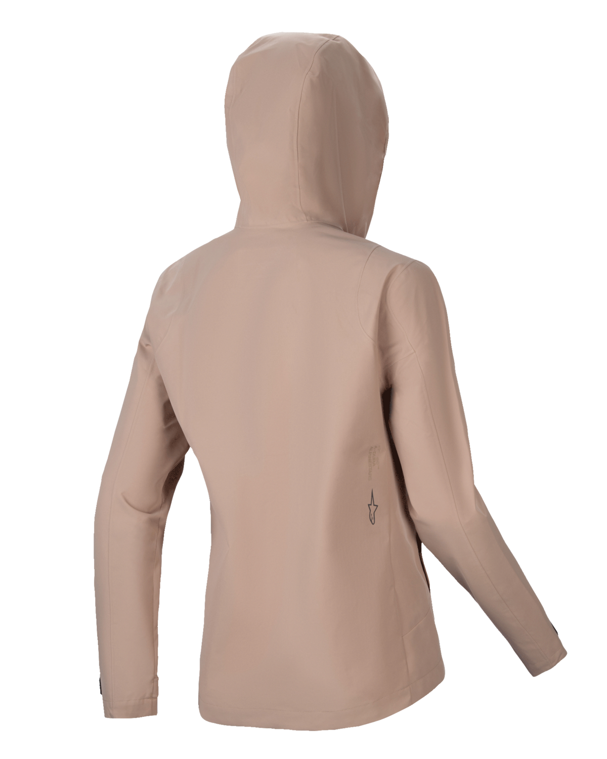 Veste de pluie Alpinestars Stella A-Dura, veste de cyclisme pour femme, brun clair, vue arrière montrant la capuche et une silhouette épurée, logo noir discret dans le bas du dos, construction technique imperméable à 2,5 couches pour le VTT