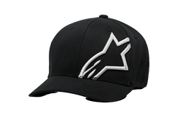 Alpinestars Corp Shift 2 Curved Bill Hat, Black Baseball Cap, Large White Embroidered Logo on Front Left, Curved Brim, Flexfit Sportswear Headwear