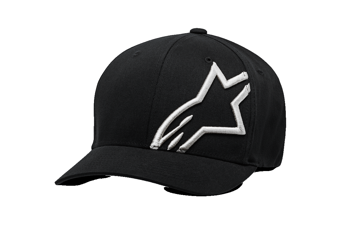 Alpinestars Corp Shift 2 à visière courbée, casquette de baseball noire, grand logo blanc brodé sur le devant gauche, visière courbée, couvre-chef sportswear Flexfit