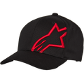 Alpinestars Corp Shift 2, casquette de baseball à visière courbée, noire avec un grand logo étoile rouge brodé à plat sur le panneau avant gauche, visière courbée Flexfit, construction à six panneaux, couvre-chef décontracté inspiré des sports mécaniques
