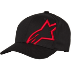 Alpinestars Corp Shift 2, casquette de baseball à visière courbée, noire avec un grand logo étoile rouge brodé à plat sur le panneau avant gauche, visière courbée Flexfit, construction à six panneaux, couvre-chef décontracté inspiré des sports mécaniques