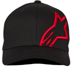 Alpinestars Corp Shift 2 Curved Brim, casquette de baseball, noir avec broderie rouge, logo Astars plat sur le panneau avant gauche, couvre-chef décontracté pour les sports mécaniques