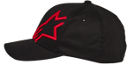 Casquette Alpinestars Corp Shift 2 Curved Brim, noire avec logo étoile brodé rouge, vue de profil, casquette de baseball Flexfit à visière courbée, vêtement de sport décontracté pour sports mécaniques