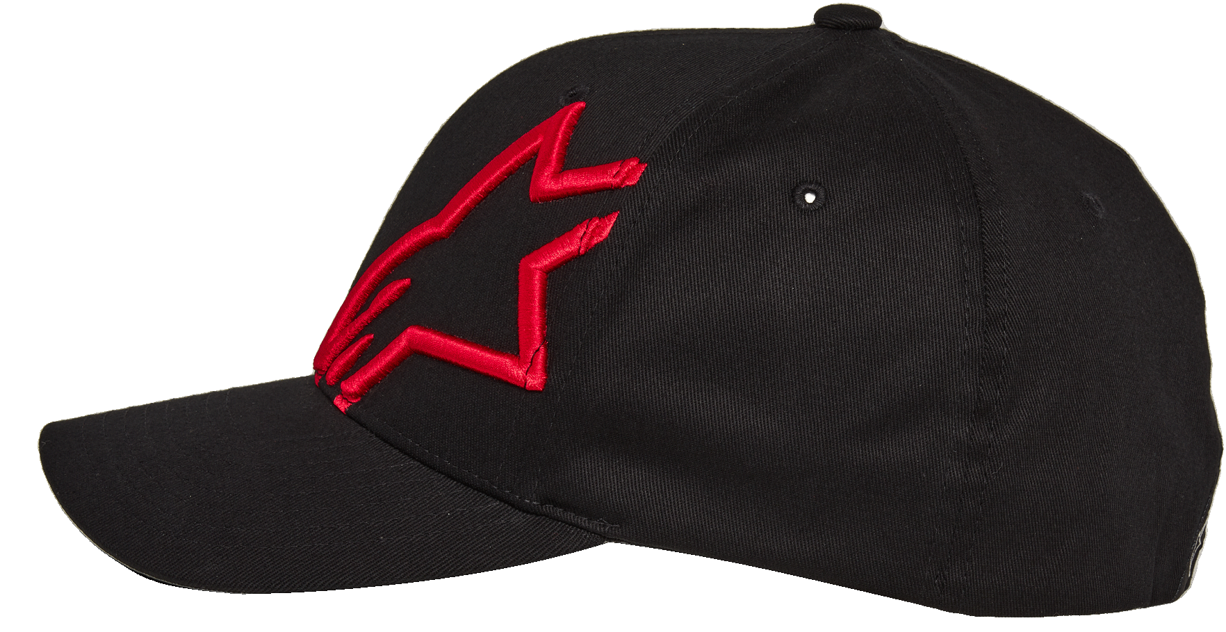 Casquette Alpinestars Corp Shift 2 Curved Brim, noire avec logo étoile brodé rouge, vue de profil, casquette de baseball Flexfit à visière courbée, vêtement de sport décontracté pour sports mécaniques