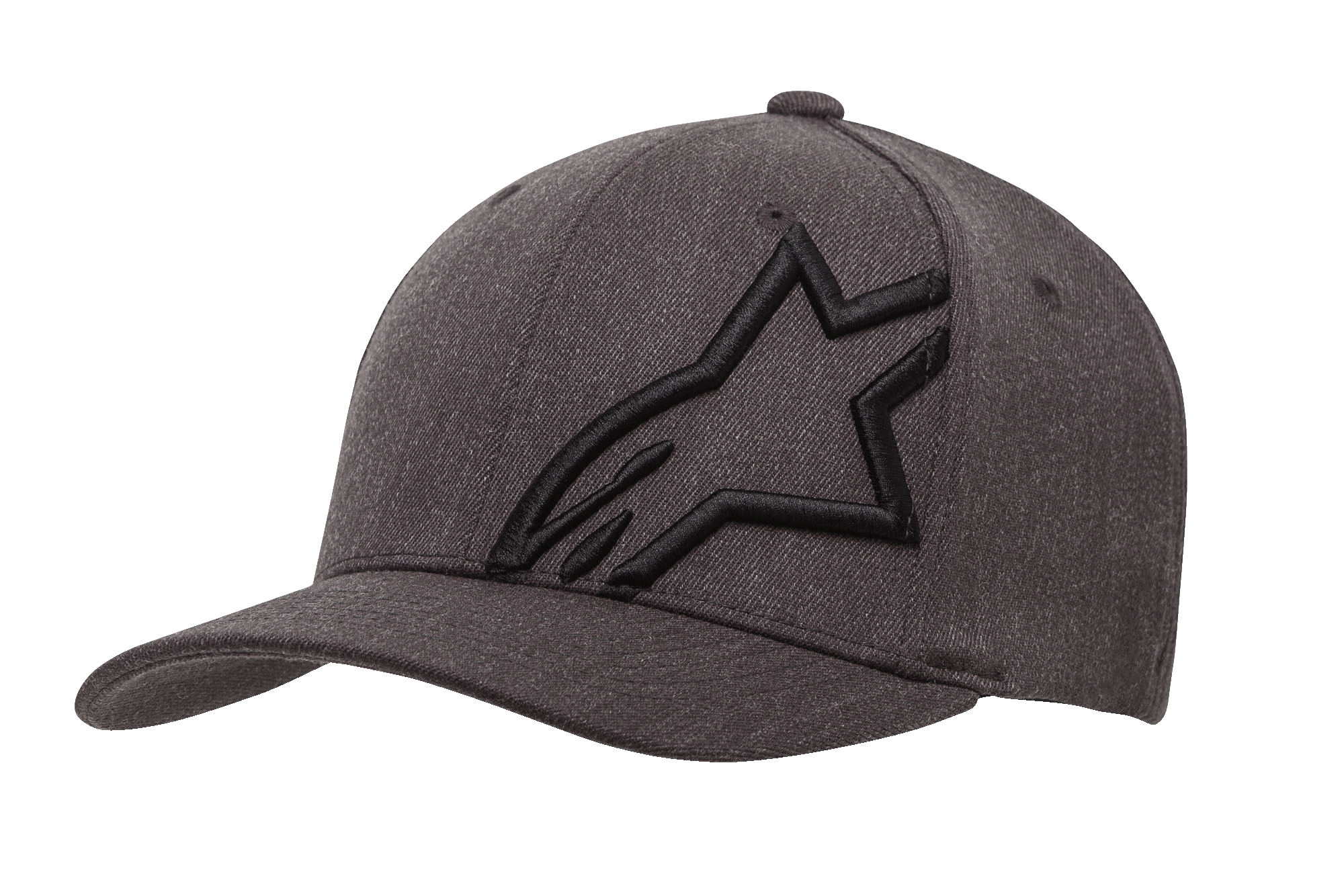 Alpinestars Corp Shift 2 Curved Bill Hat, Dark Heather Gray and Black Baseball Cap, featuring a large black embroidered star logo on the front left panel, curved brim design, textured fabric with ventilation holes, casual motorsport-inspired headwear.