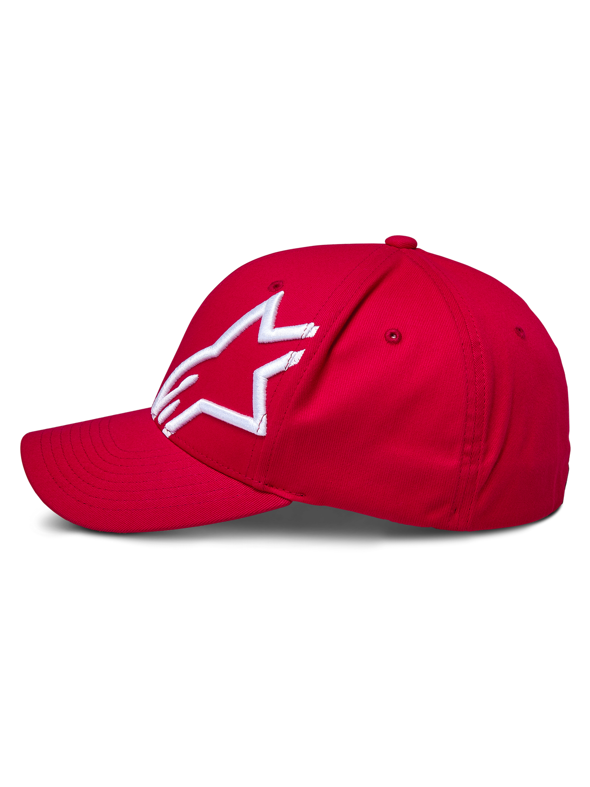 Casquette Alpinestars Corp Shift 2 à visière courbée, rouge, avec un logo Alpinestars blanc brodé en 3D sur le panneau gauche, vue de profil, couronne structurée avec visière courbée, couvre-chef décontracté inspiré du sport automobile