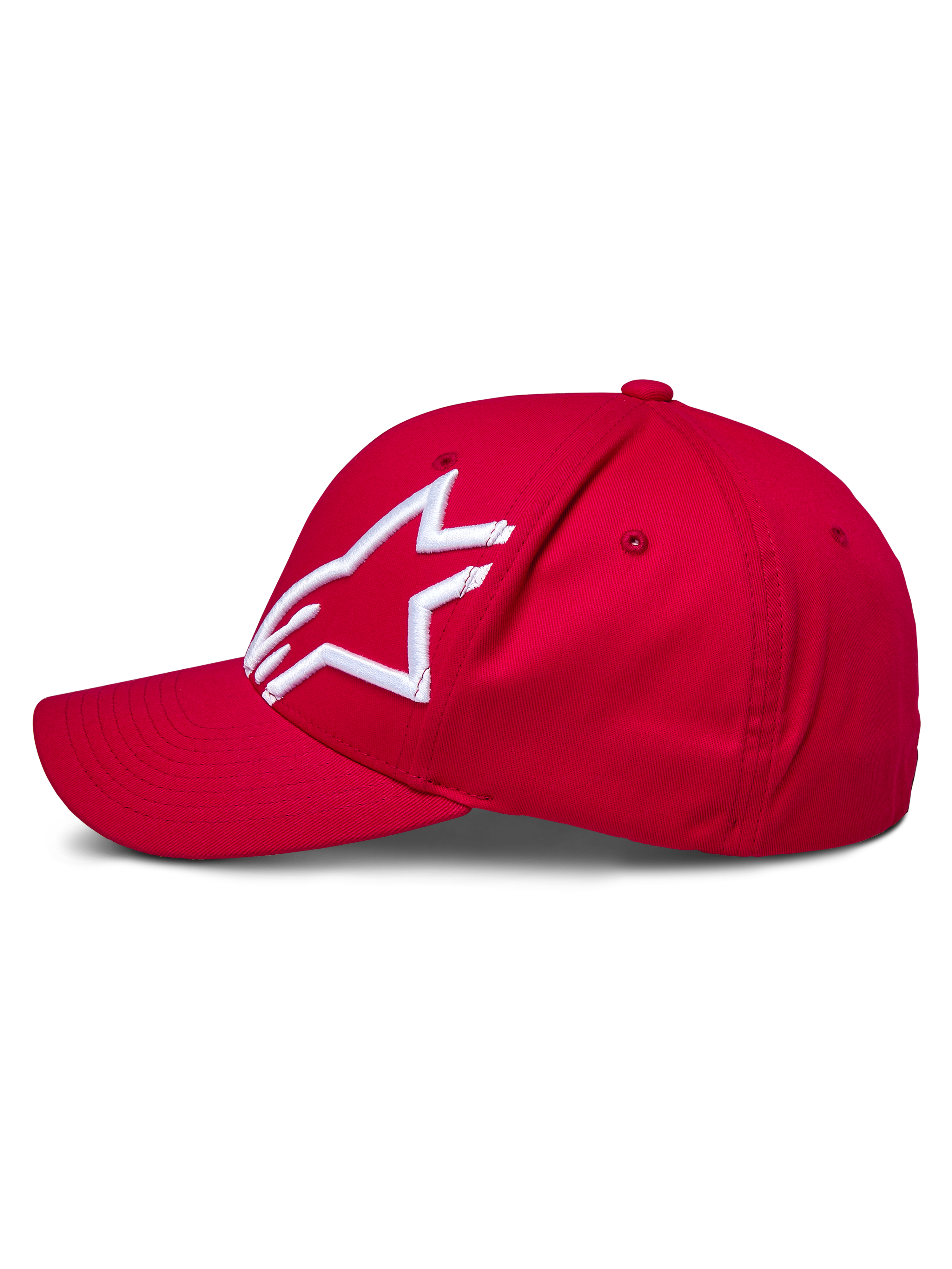 Casquette Alpinestars Corp Shift 2 à visière courbée, rouge, avec un logo Alpinestars blanc brodé en 3D sur le panneau gauche, vue de profil, couronne structurée avec visière courbée, couvre-chef décontracté inspiré du sport automobile