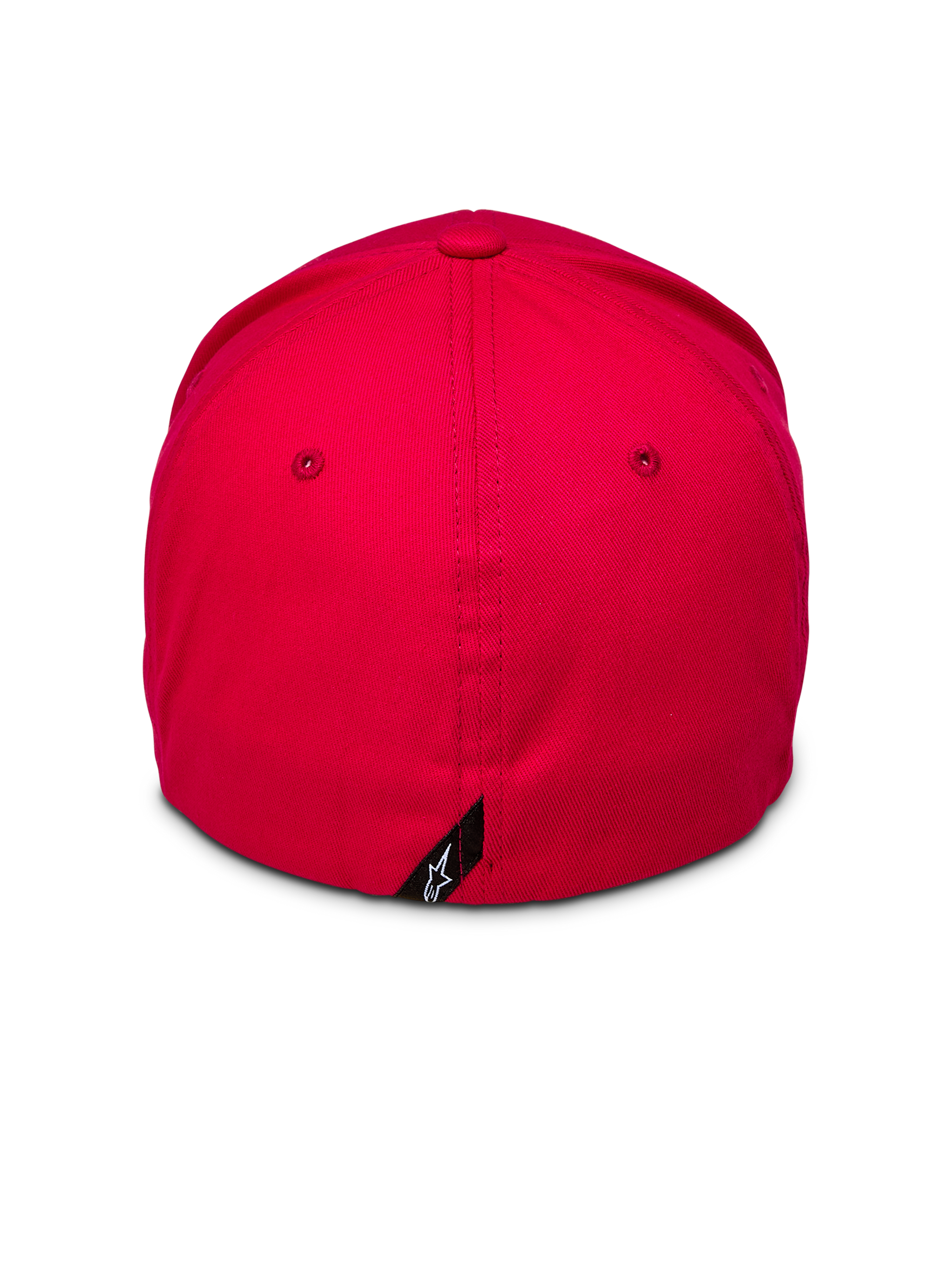 Alpinestars Corp Shift 2 Curved Brim, Red, back view showing flex-back design and small black Alpinestars logo tag, structured crown in red stretch twill, casual motorsport headwear