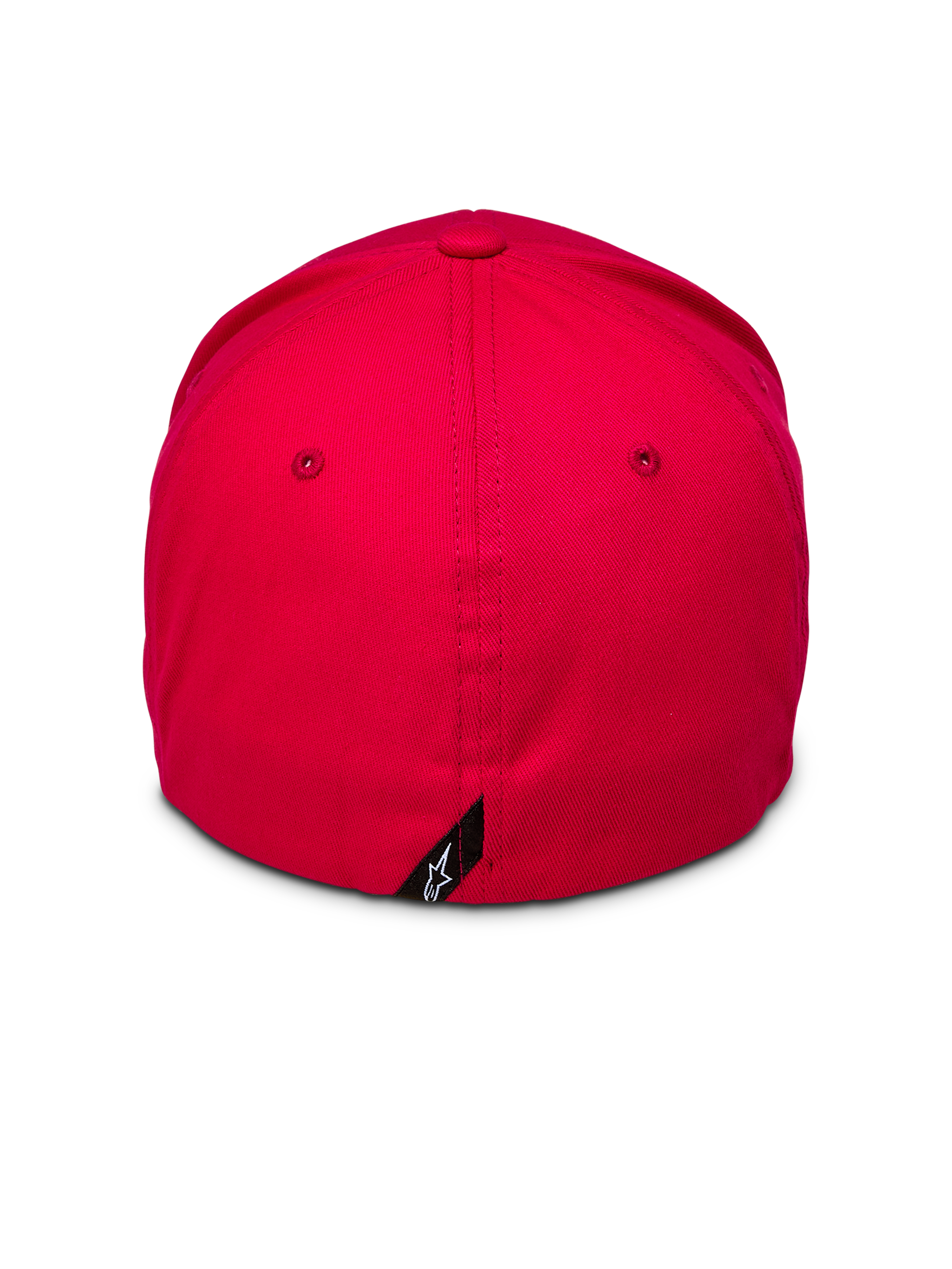 Alpinestars Corp Shift 2 Curved Brim, rouge, vue arrière montrant le design dos flexible et une petite étiquette logo Alpinestars noire, couronne structurée en sergé extensible rouge, casquette casual motorsport