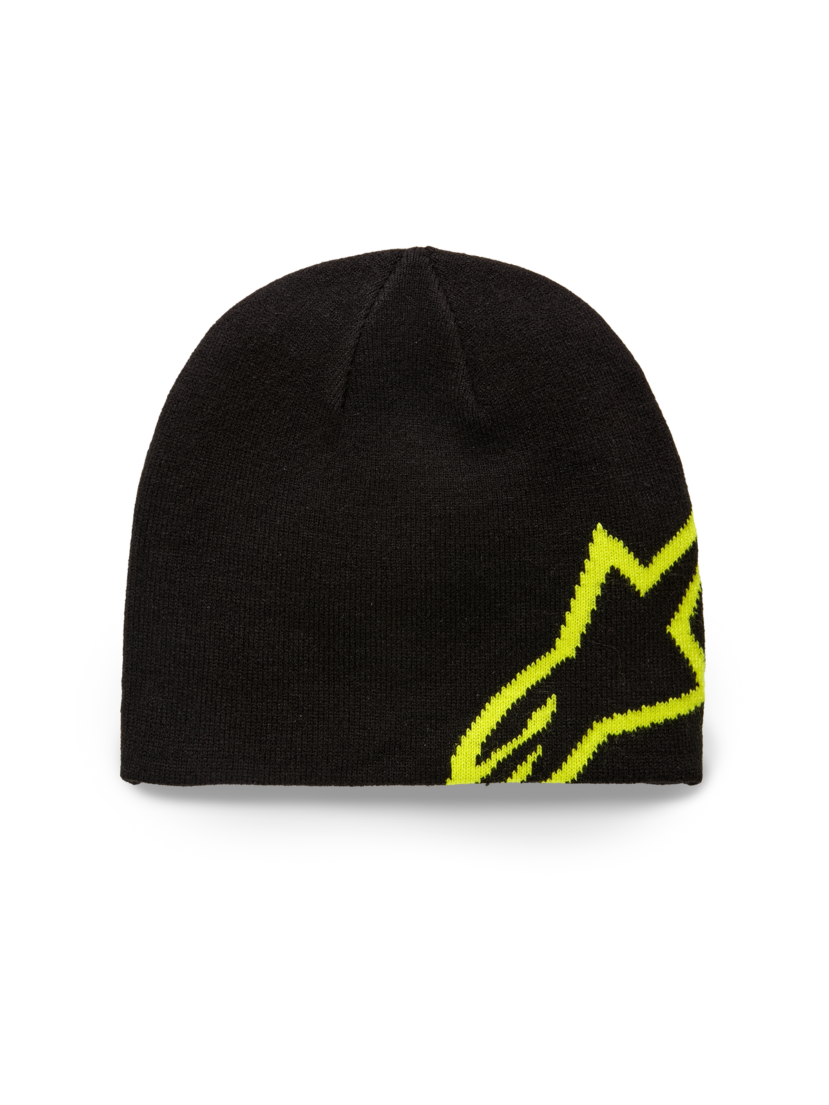 Bonnet Alpinestars Corp Shift, bonnet en maille, noir et jaune fluo, arborant un grand logo Alpinestars en jacquard sur le côté, construction en maille jersey, couvre-chef décontracté inspiré du sport automobile