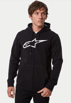 Sweat à capuche zippé Alpinestars Ageless V3, sweat à capuche avec fermeture éclair à l'avant, noir et blanc, arborant un grand logo Alpinestars blanc sur la poitrine, capuche à cordon de serrage et fermeture éclair intégrale, vêtement streetwear décontracté