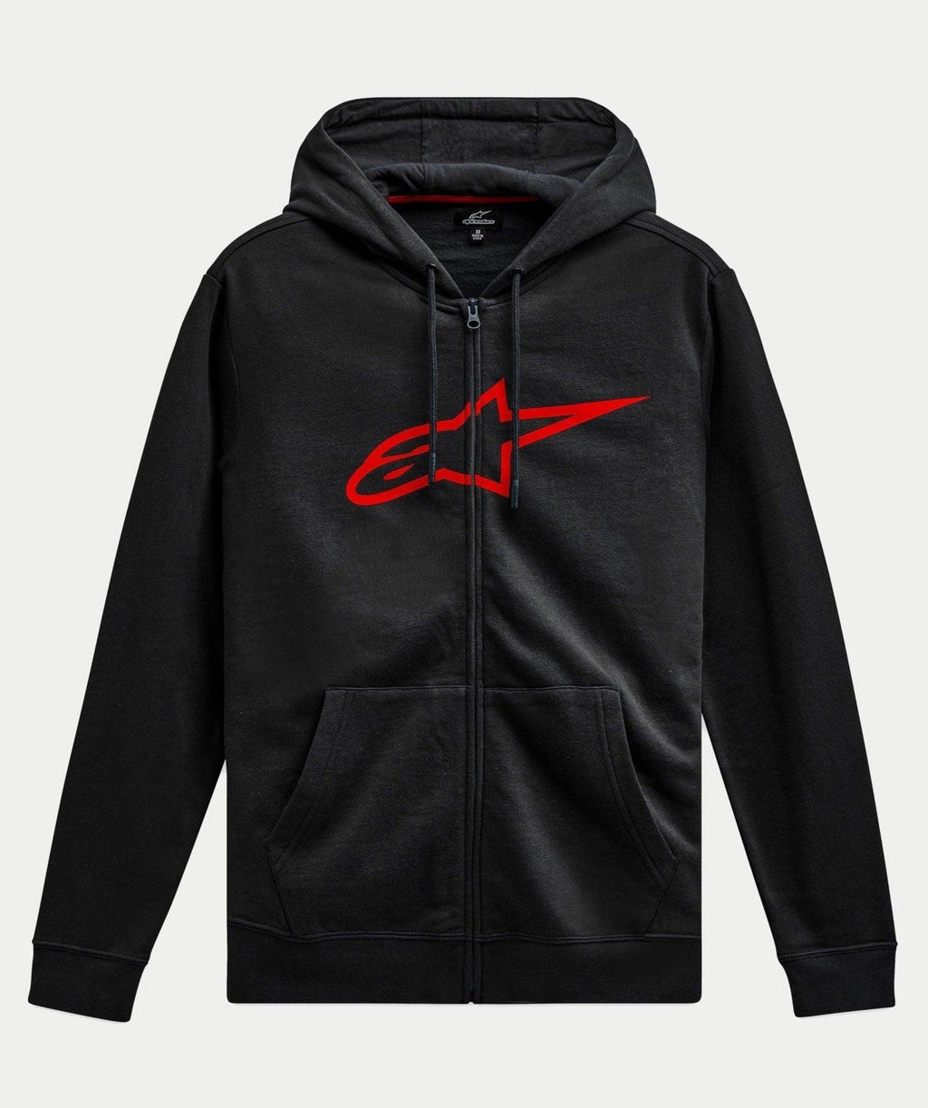 Sweat à capuche zippé Alpinestars Ageless Zip V3, style streetwear décontracté, noir avec grand logo Alpinestars rouge sur la poitrine, fermeture éclair frontale, capuche avec cordon de serrage, manches longues, poignets et ourlet côtelés