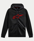 Sweat à capuche zippé Alpinestars Ageless Zip V3, style streetwear décontracté, noir avec grand logo Alpinestars rouge sur la poitrine, fermeture éclair frontale, capuche avec cordon de serrage, manches longues, poignets et ourlet côtelés