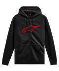 Sweat   capuche Alpinestars Ageless Zip V3, streetwear d)contract) pour les sports m)caniques, noir avec logo Astars rouge, fermeture )clair int)grale, capuche   cordon de serrage, manches longues, poignets et ourlet c)tel)s