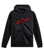 Sweat   capuche Alpinestars Ageless Zip V3, streetwear d)contract) pour les sports m)caniques, noir avec logo Astars rouge, fermeture )clair int)grale, capuche   cordon de serrage, manches longues, poignets et ourlet c)tel)s