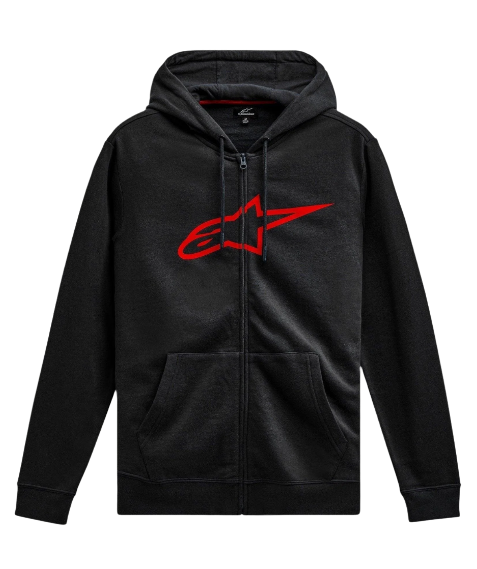 Sweat capuche Alpinestars Ageless Zip V3, streetwear d)contract) pour les sports m)caniques, noir avec logo Astars rouge, fermeture )clair int)grale, capuche cordon de serrage, manches longues, poignets et ourlet c)tel)s