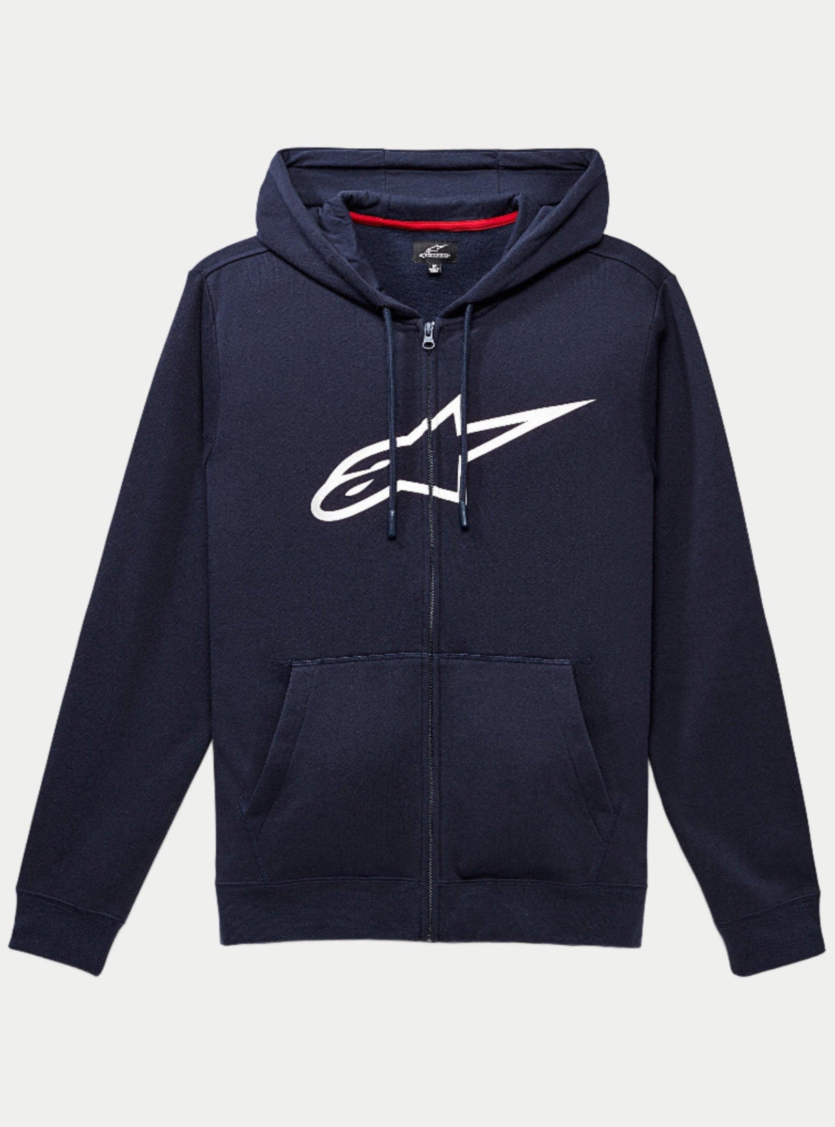 Alpinestars Ageless Zip V3 Hoodie, sweat à capuche en polaire bleu marine à fermeture éclair intégrale avec un grand logo Alpinestars blanc sur la poitrine, capuche à cordon de serrage, poches kangourou à l'avant, streetwear décontracté inspiré des sports mécaniques