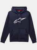 Alpinestars Ageless Zip V3 Hoodie, sweat à capuche en polaire bleu marine à fermeture éclair intégrale avec un grand logo Alpinestars blanc sur la poitrine, capuche à cordon de serrage, poches kangourou à l'avant, streetwear décontracté inspiré des sports mécaniques