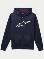 Alpinestars Ageless Zip V3 Hoodie, sweat à capuche en polaire bleu marine à fermeture éclair intégrale avec un grand logo Alpinestars blanc sur la poitrine, capuche à cordon de serrage, poches kangourou à l'avant, streetwear décontracté inspiré des sports mécaniques