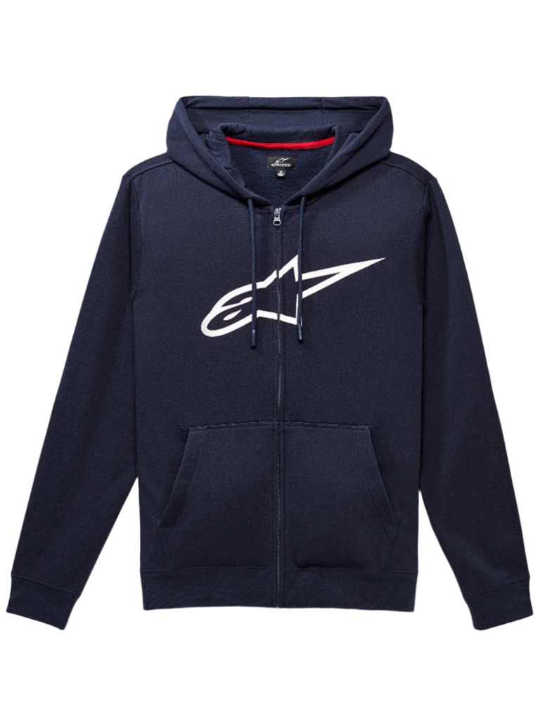 Alpinestars Ageless Zip V3 Hoodie, navy blue full-zip sweatshirt, large white Alpinestars logo on chest, drawstring hood, front kangaroo pockets, ribbed cuffs and hem, casual motorsport-inspired streetwear