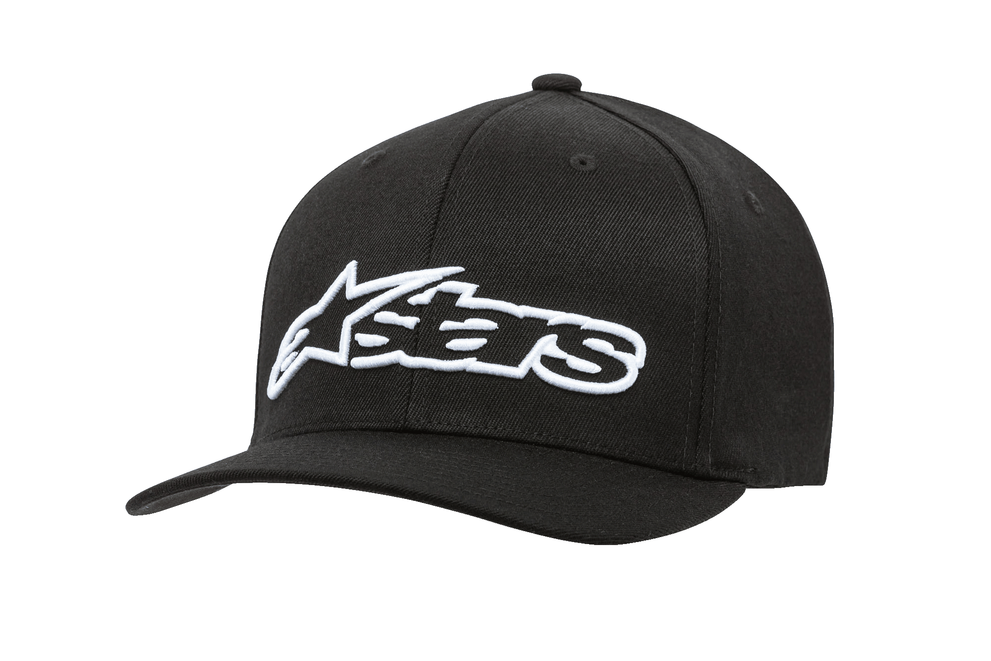 Alpinestars Blaze Flexfit Hat, casquette de baseball noire avec logo brodé en 3D blanc, visière incurvée, couronne structurée à six panneaux avec œillets de ventilation, couvre-chef motorsport décontracté
