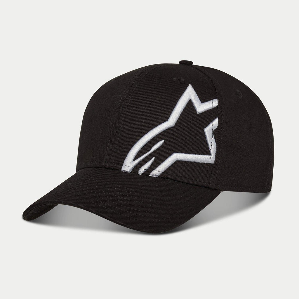 Casquette Alpinestars Corp Snap 2, noir et blanc, avec visière incurvée et couronne structurée, grand logo Alpinestars blanc brodé en 3D sur le panneau gauche, design snapback classique