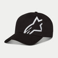 Casquette Alpinestars Corp Snap 2, noir et blanc, avec visière incurvée et couronne structurée, grand logo Alpinestars blanc brodé en 3D sur le panneau gauche, design snapback classique