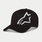 Casquette Alpinestars Corp Snap 2, noir et blanc, avec visière incurvée et couronne structurée, grand logo Alpinestars blanc brodé en 3D sur le panneau gauche, design snapback classique