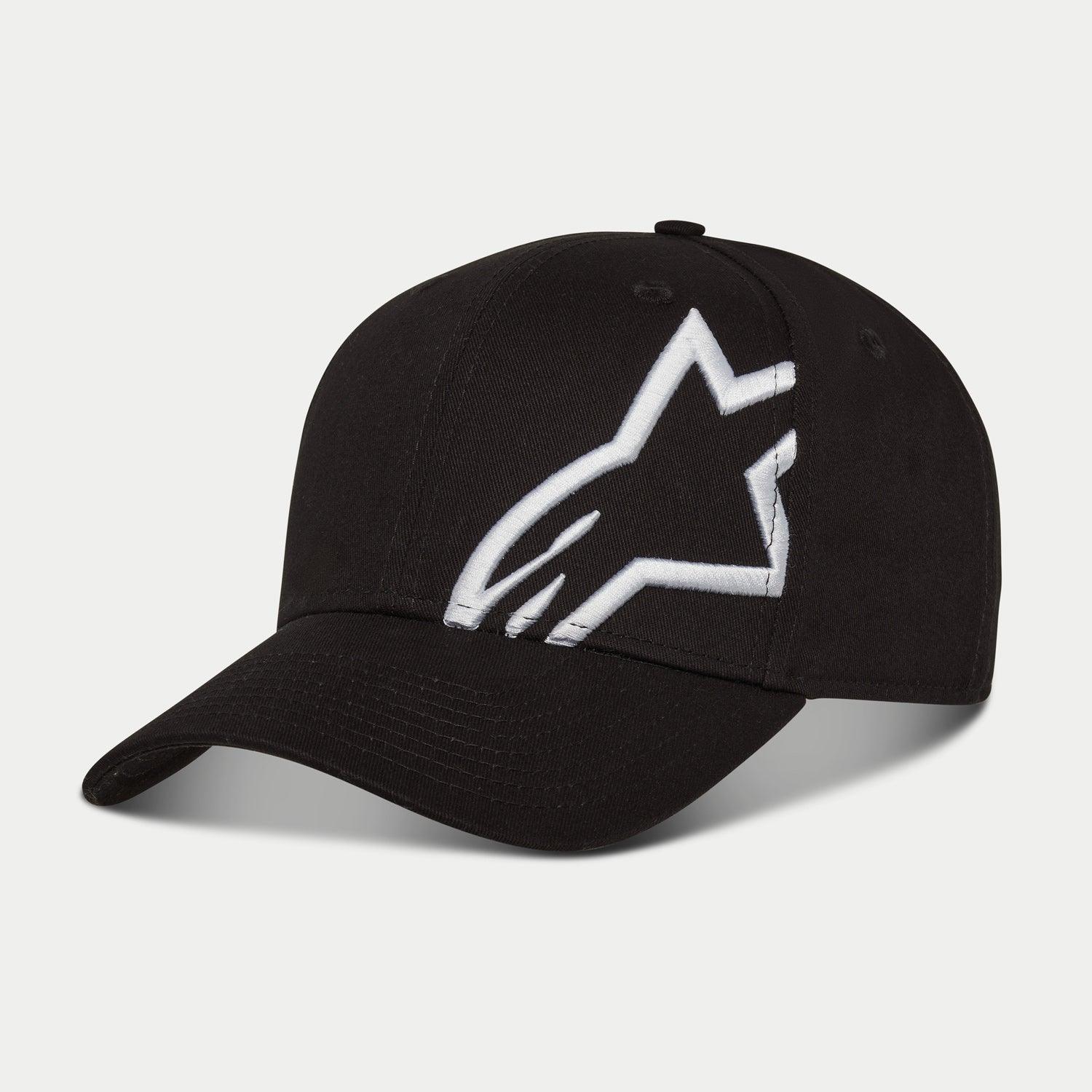 Casquette Alpinestars Corp Snap 2, noir et blanc, avec visière incurvée et couronne structurée, grand logo Alpinestars blanc brodé en 3D sur le panneau gauche, design snapback classique
