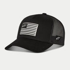 Casquette Snapback Flag Alpinestars, noir, casquette de baseball dotée d'un dos en maille noire et d'une visière courbée, patch drapeau imprimé à l'avant avec logo Alpinestars, broderie du logo sur le côté, couvre-chef décontracté inspiré du sport automobile