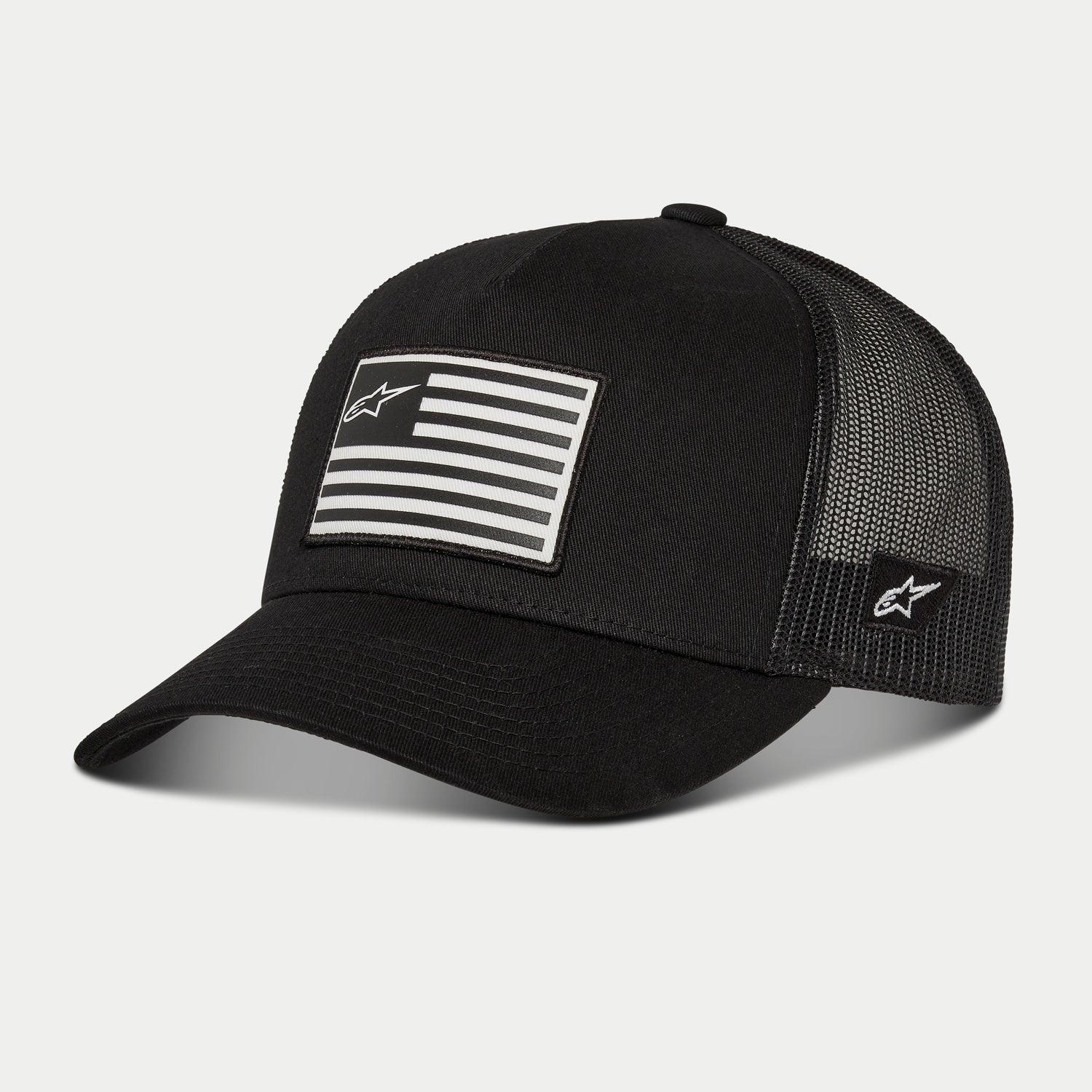 Casquette Snapback Flag Alpinestars, noir, casquette de baseball dotée d'un dos en maille noire et d'une visière courbée, patch drapeau imprimé à l'avant avec logo Alpinestars, broderie du logo sur le côté, couvre-chef décontracté inspiré du sport automobile