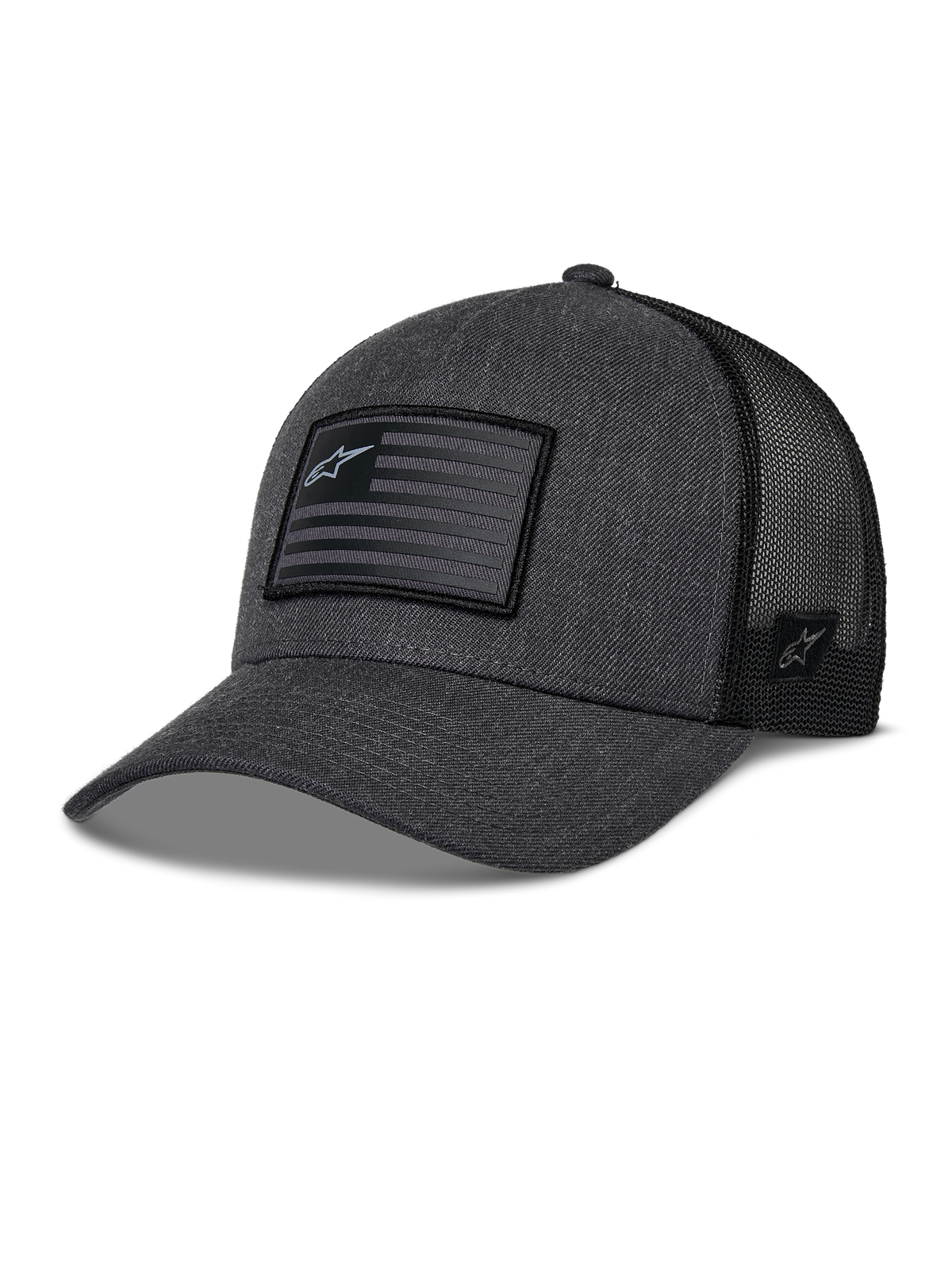 Alpinestars Flag Snapback Hat, Charcoal Heather and Black, Trucker Style Baseball Cap, Rectangular Flag Patch with Star Logo, Curved Brim and Breathable Mesh Back
