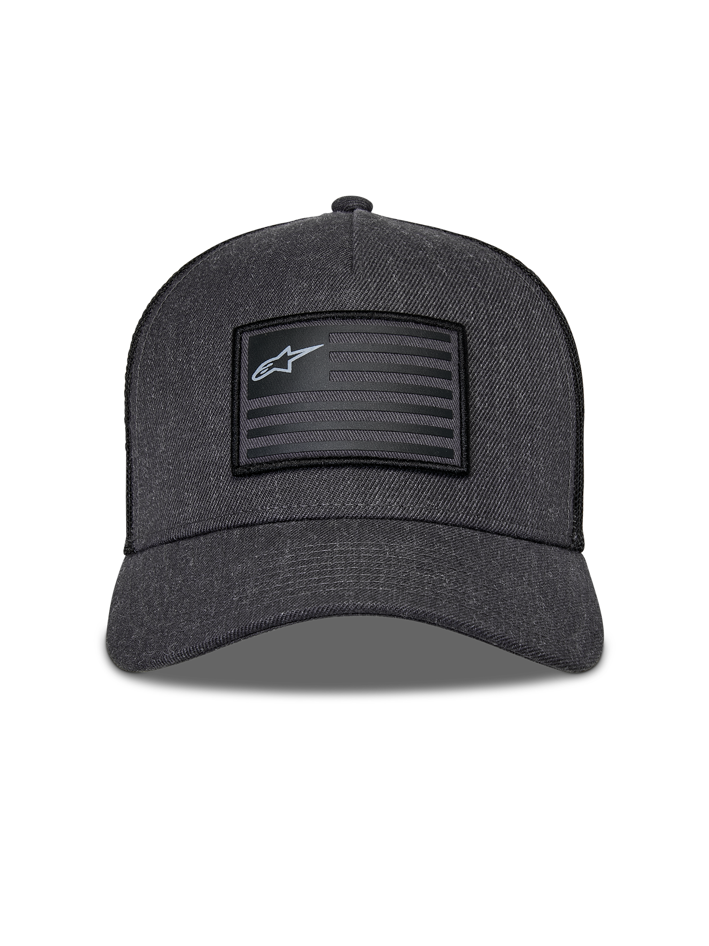 Casquette Snapback Flag Alpinestars, gris anthracite chiné et noir, vue de face avec couronne structurée et visière courbée, patch rectangulaire style drapeau avec logo Alpinestars et rayures, streetwear décontracté motorsport