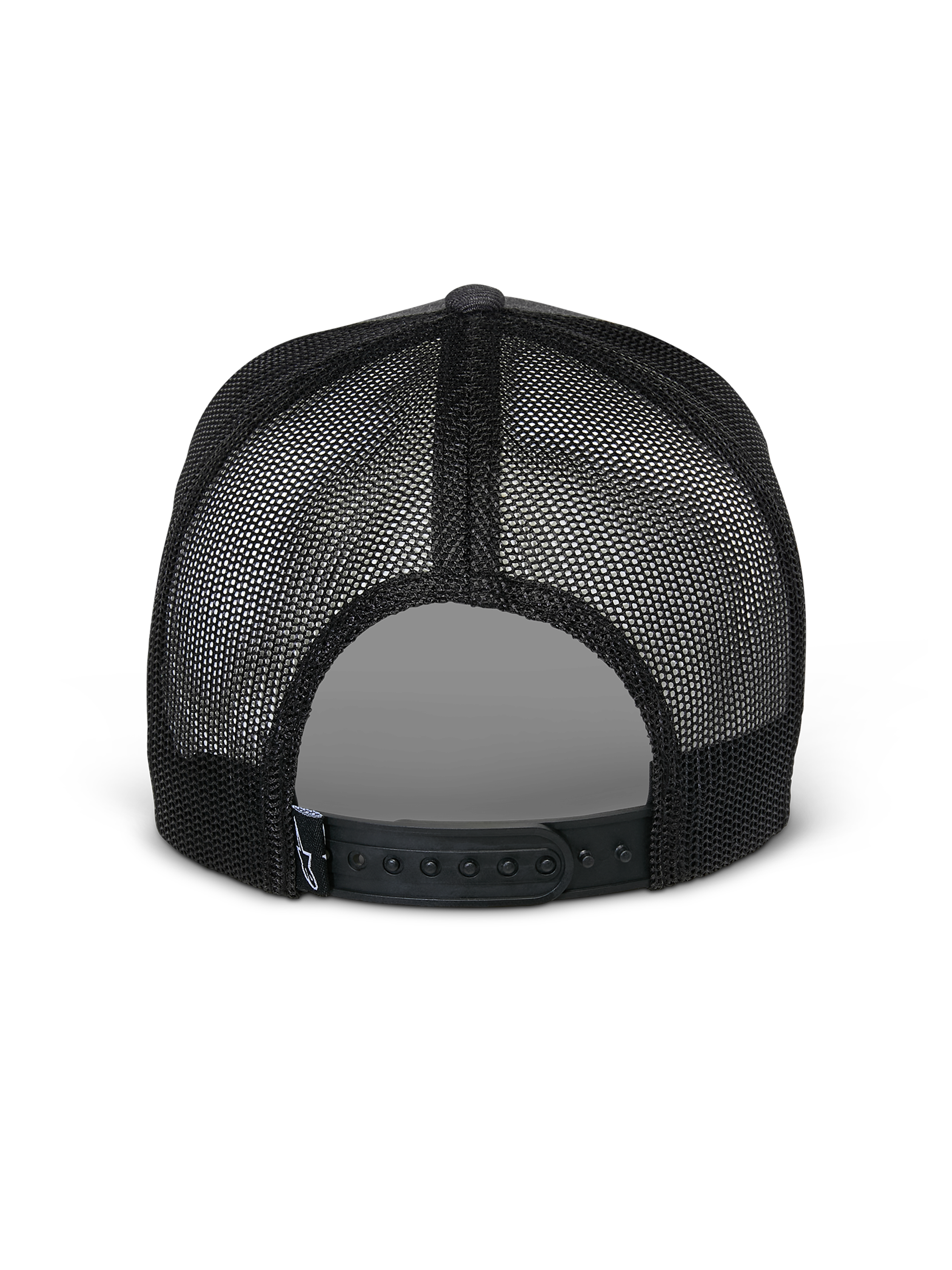 Casquette Snapback Flag Alpinestars, vue arrière, Gris Anthracite Chiné Noir, avec panneaux en maille noire respirante et fermeture snapback réglable, couvre-chef décontracté inspiré du sport automobile