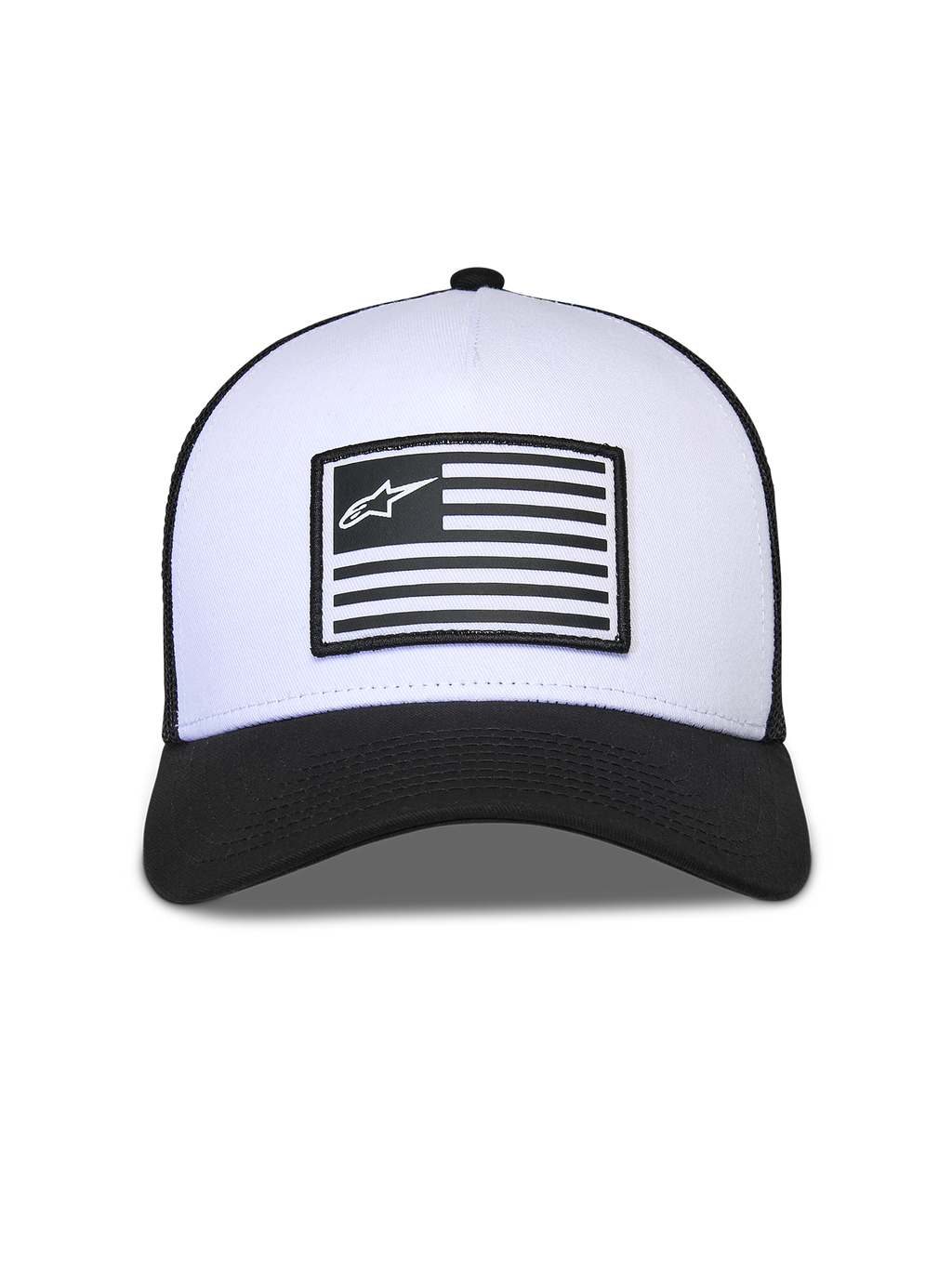 Casquette Snapback Flag Alpinestars, blanc et noir, couronne blanche structurée avec visière courbée noire et arrière en maille, dotée d'un écusson drapeau central avec le logo Alpinestars, couvre-chef décontracté inspiré des sports mécaniques