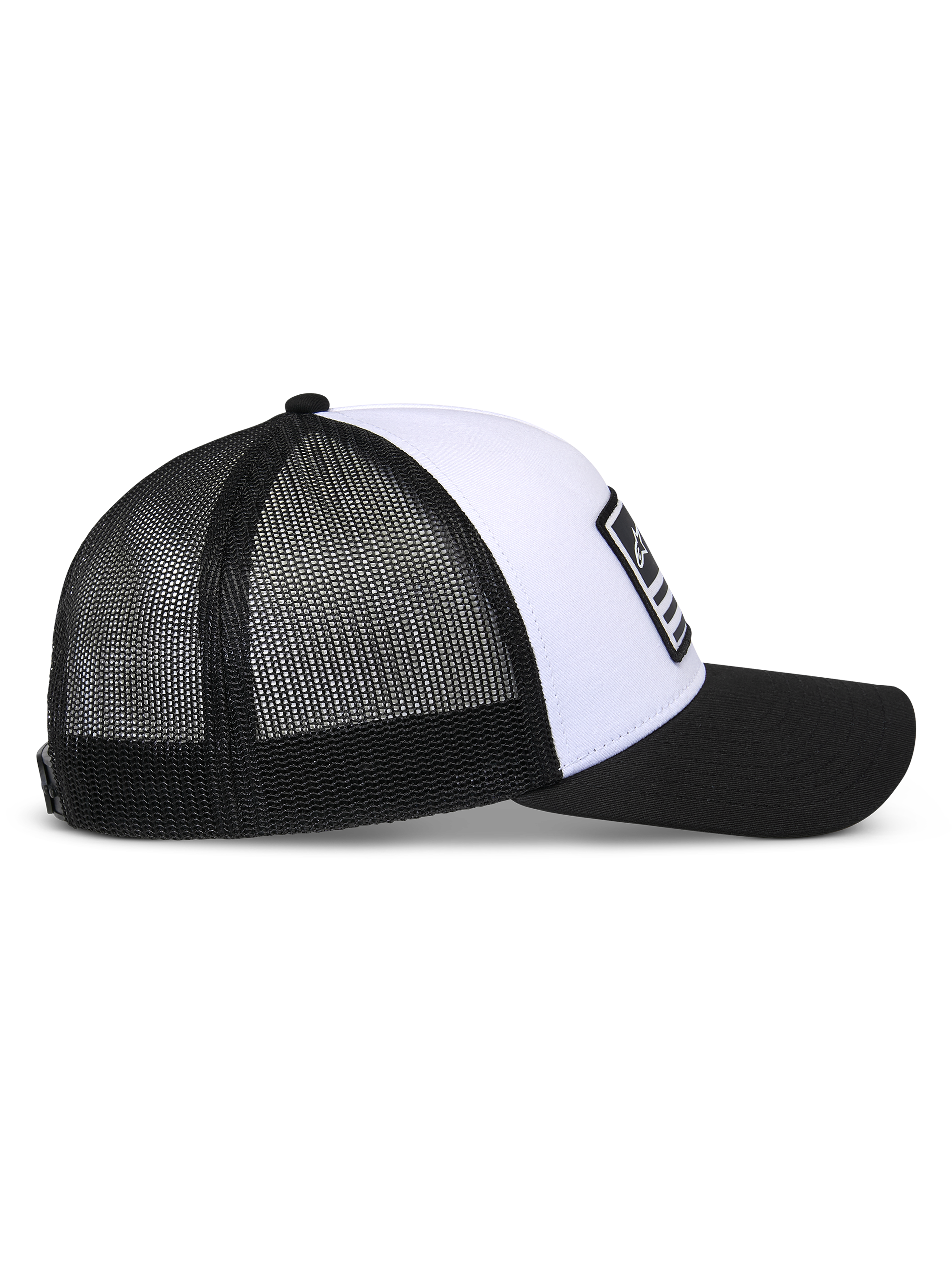 Casquette Snapback Flag Alpinestars, blanc et noir, vue de profil, couronne blanche structurée avec visière courbée noire, empiècements arrière en maille noire respirante, couvre-chef décontracté d'inspiration sport automobile